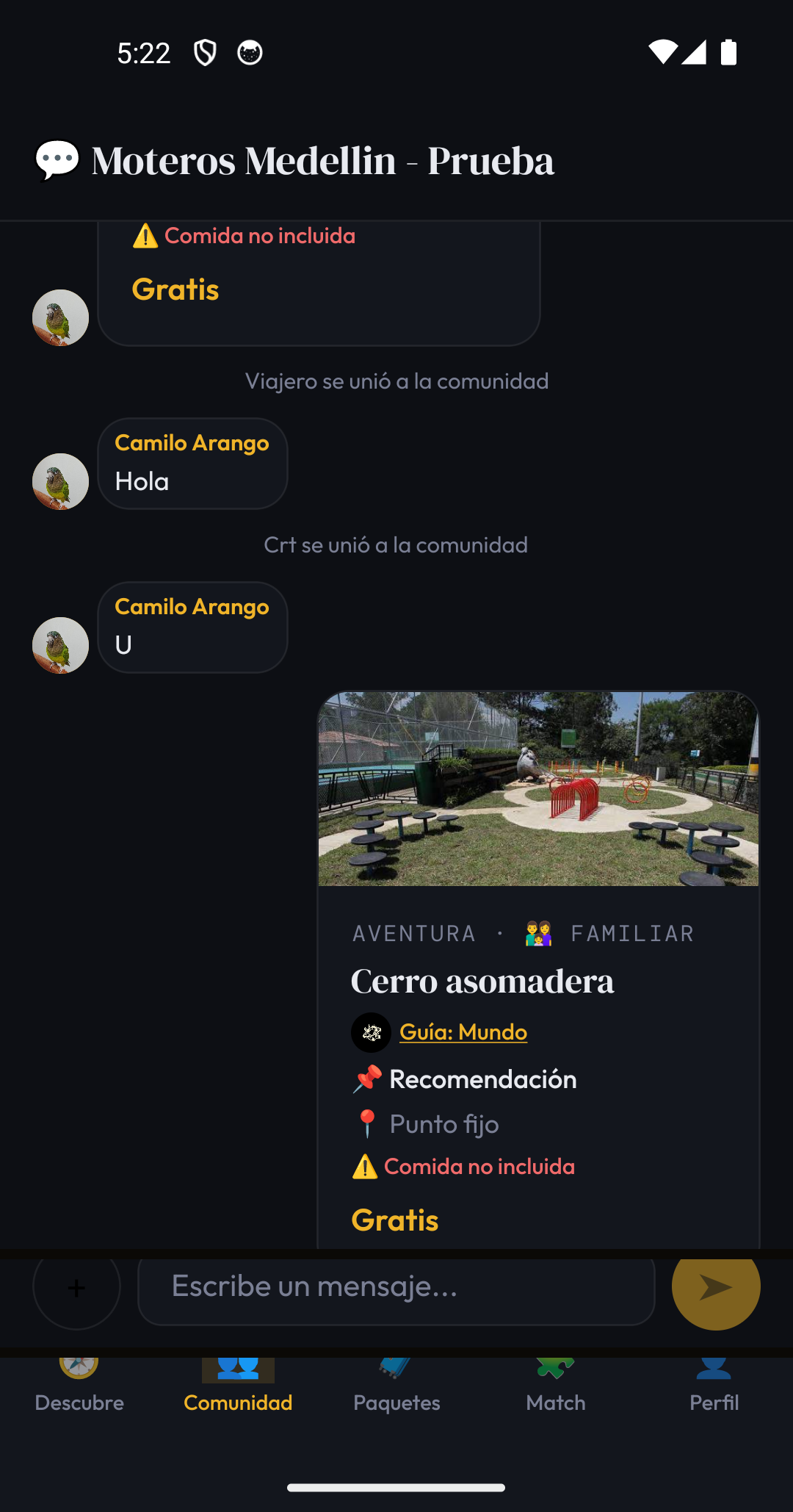 Chat de una comunidad en la app Mundo, con un evento compartido