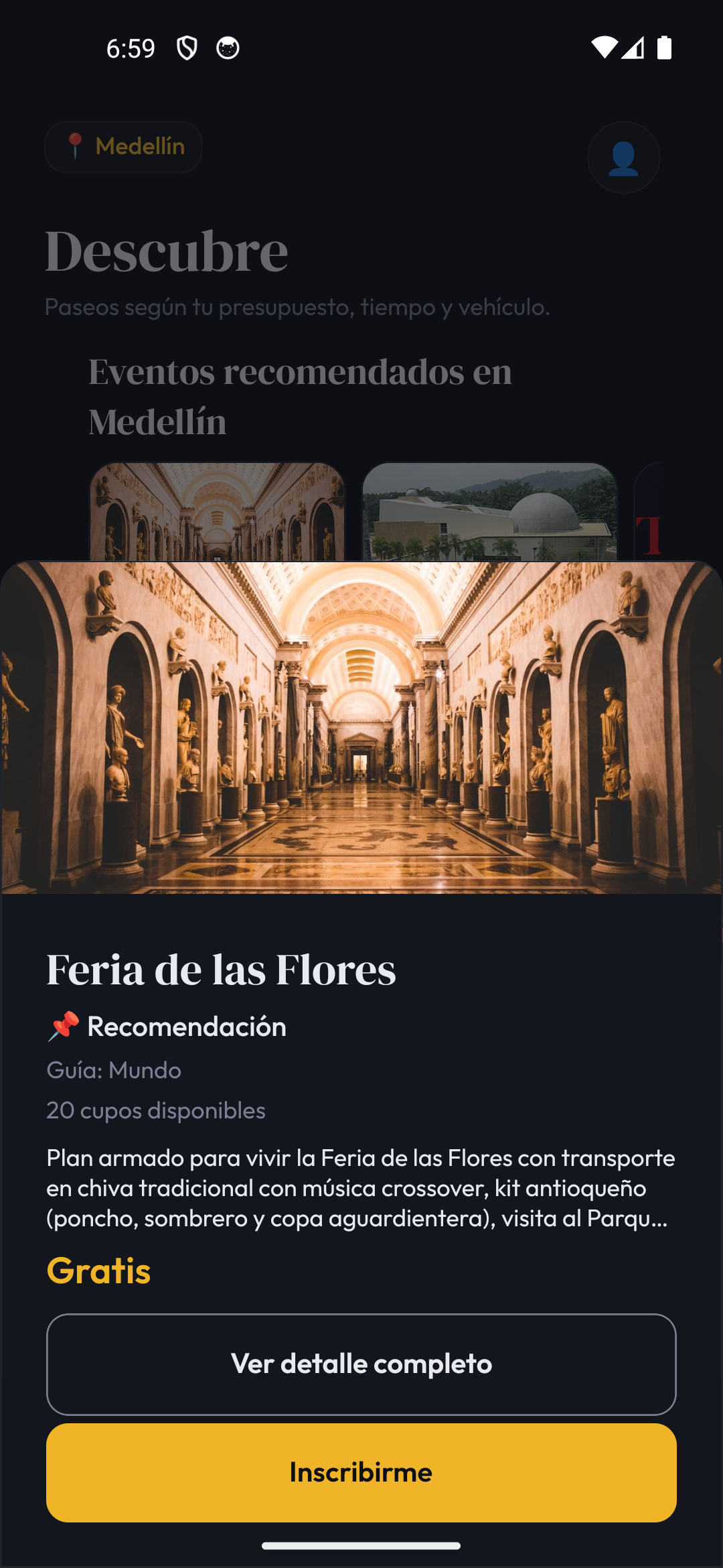 Detalle de un evento en la app Mundo